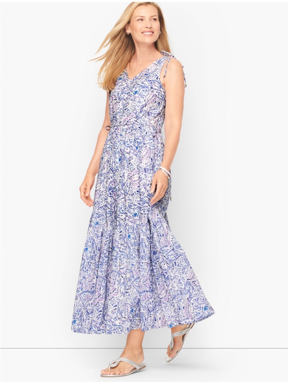 Talbots Tiered Cotton Maxi Dress Watercolor Medallions Women’s 12 - Picture 3 of 15
